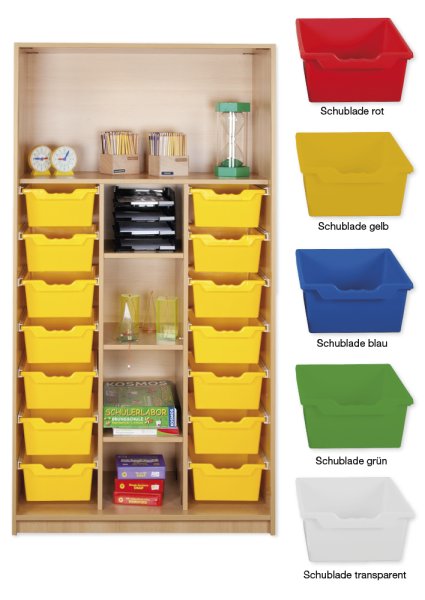 Material-Hochschrank-Regal L, Basistiefe, 5 Fachböden, 14 Schubladen XL