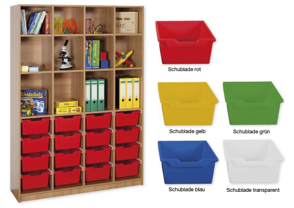 Material-Hochschrank-Regal XL, Basistiefe, 12 Fachböden, 16 Schubladen XL