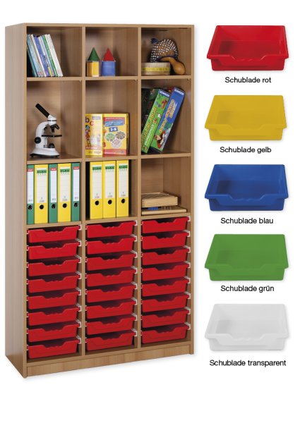 Material Tall Cabinet Shelves L, standard depth, 5 shelves, 28 drawers L