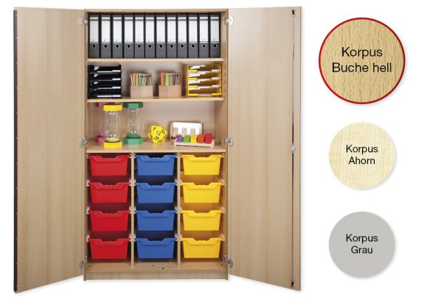 Material-Hochschrank L, Plustiefe, 3 Fachböden, 12 Schubladen XL