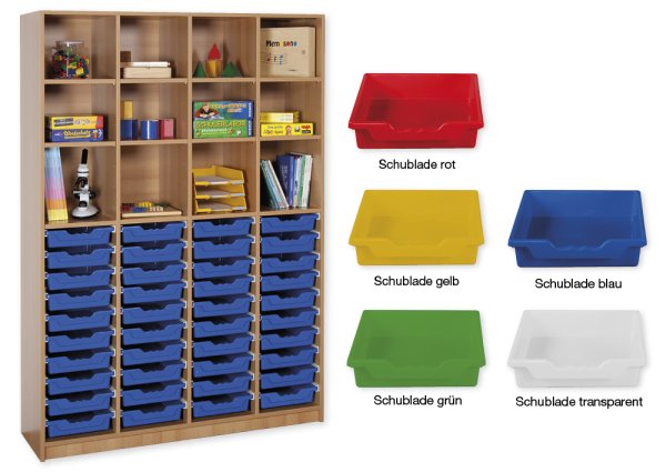 Material-Hochschrank-Regal XL, Basistiefe, 12 Fachböden, 40 Schubladen L