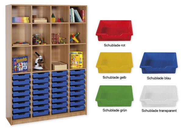 Material-Hochschrank-Regal XL, Basistiefe, 12 Fachböden, 32 Schubladen L